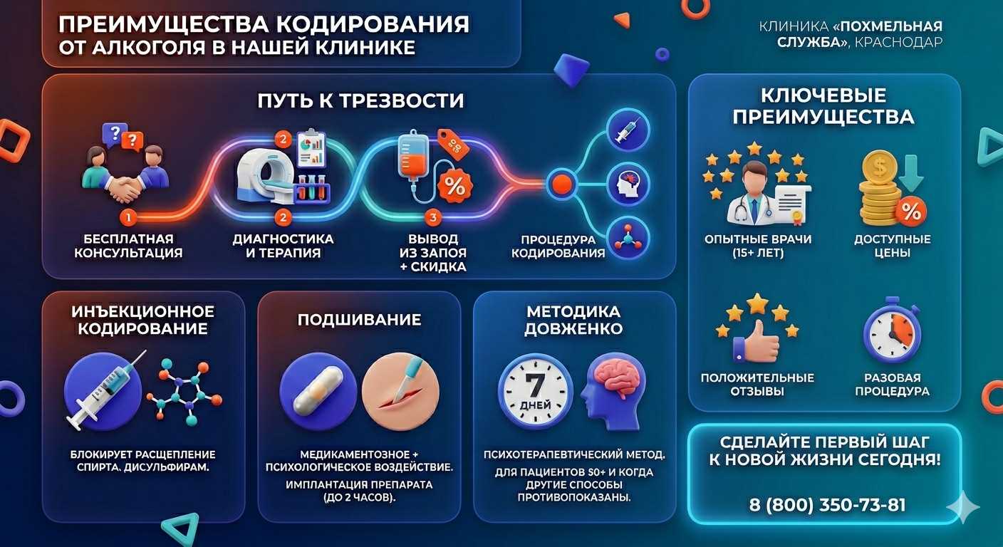 Инфографика о методах кодирования от алкоголя в Невьянске: инъекции, подшивание, метод Довженко. Преимущества клиники и этапы лечения.